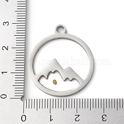 変色しない201ステンレススチールペンダント  山のチャーム入りフラットラウンド  ステンレス鋼色  28.5x25x2mm  穴：3mm&nbsp;LS-STAS-D041-17P