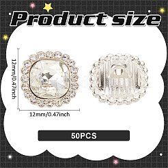 合金ラインストーンシャンクボタン  1穴  正方形  銀  12x12x8mm  穴：2mm  50個/セット&nbsp;DIY-MA0005-99A
