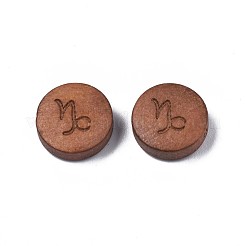 レーザー彫刻された木製ビーズ  星座12個のフラットラウンド  染め  キャメル  山羊座  12x4mm  穴：1.6mm&nbsp;WOOD-S053-53L