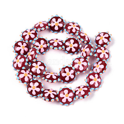 手作りランプワークビーズ  花付き凸凹したフラットラウンド  ブラウン  18.5~20x10~11mm  穴：1mm&nbsp;LAMP-T023-25D-1