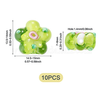 10個の手作りランプワークビーズ  バンピー  花  黄緑  13.5~14x14.5~15x7~8mm  穴：1.4mm&nbsp;LAMP-TADJ0001-01H-1