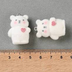 不透明樹脂のペンダント  ハートチャーム付きクマ  プラチナ鉄ループ付き  ホワイト  29.5x20x15mm  穴：2mm&nbsp;RE-CBA4F9B-06