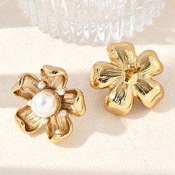 304ステンレススチールスタッドピアス  模造パールと  花  18KGP本金メッキ  29x29.5mm&nbsp;EJEW-M073-15G