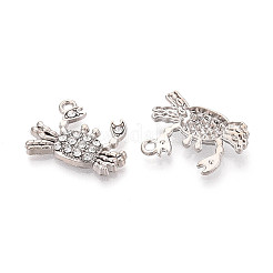合金ラインストーンペンダント  カニチャーム  プラチナ  16x22x3mm  穴：1.8mm&nbsp;FIND-N012-01P