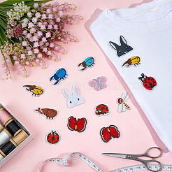 昆虫テーマのポリエステル刺繍糸、アイロン接着、縫い付けパッチ26個、13スタイル  ホットメルト接着剤  布のアップリケ  カブトムシ、ハチ、ウサギ、トンボ、ユニコーン、カブトムシ、蝶  ミックスカラー  25~40x24~42.5x1.5~2.5mm  2個/スタイル&nbsp;PATC-BC0001-34