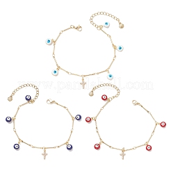 真鍮エナメルチャームブレスレット  女性用真鍮リンクバーチェーンブレスレット  ナザールボンジュウ＆十字架  ミックスカラー  7-1/8インチ（18.2cm）&nbsp;BJEW-JB12308