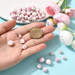 花柄プリントの磁器ビーズ3種類  花柄のセラミックビーズ  ラウンド  パールピンク  6~10mm  穴：2~3mm&nbsp;PORC-SP0001-08
