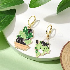 合金エナメルフープピアス  304ステンレススチールフレンチフックピアス金具付き  植物と猫の形  ゴールドカラー  40~41x18.5~19.5mm&nbsp;EJEW-JE05796