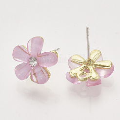 合金ラインストーンスタッドピアスパーツ  アクリルと  生の（メッキされていない）ピンとループ  花  ゴールドカラー  ピンク  12~13x12mm  穴：1.4mm  ピン：0.7mm&nbsp;X-PALLOY-N0149-20B
