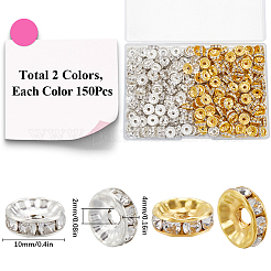 300色真鍮ラインストーンスペーサービーズ2個。  グレードB  透明  ミックスカラー  10x4mm  穴：2mm  150個/カラー&nbsp;RB-SP0001-04