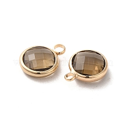 ゴールド調真鍮製ガラスフラットラウンドチャーム  多面カット  淡い茶色  14x10.5x5mm  穴：1.5mm&nbsp;GLAA-M003-B-07G