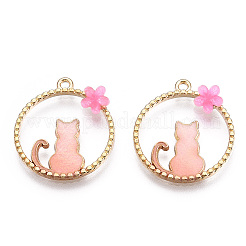 合金ペンダント  エナメルと樹脂で  猫の形とリングが付いた丸いリング  ゴールドカラー  ピンク  24.5x22x3mm  穴：1.5mm&nbsp;ENAM-S120-003A