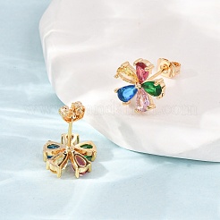 真鍮製 マイクロパヴェ キュービックジルコニア スタッドピアス 女性用  花  18KGP本金メッキ  11x11.5mm&nbsp;KK-CBACC01-06G
