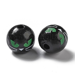 ハロウィーン スプレー塗装ウッド ビーズ  丸くて緑色の猫目模様  ブラック  15.5~16x14.5~15mm  穴：4mm&nbsp;WOOD-C002-03