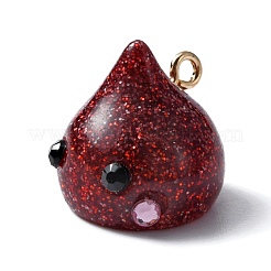 樹脂チャーム  グリッターパウダーとゴールドトーンのアイアンループ付き  ティアドロップ  暗赤色  17x17mm  穴：2mm&nbsp;RESI-WH0026-20B