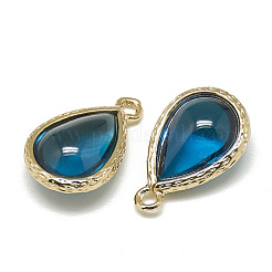 ガラスチャーム  ゴールデントーン真鍮パーツ  ティアドロップ  ドジャーブルー  18.5x12.5x7mm  穴：1.5mm&nbsp;GLAA-Q068-19A-04