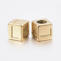 304 ステンレススチール 大きな穴文字 ヨーロッパ ビーズ  水平穴  文字.l付きのキューブ  ゴールドカラー  8x8x8mm  穴：5mm&nbsp;LS-STAS-H428-01G-L