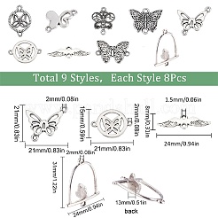72 個 9 スタイルのチベットスタイル亜鉛合金コネクタチャーム  蝶と鳥と平丸  アンティークシルバー  13~36x11~30x1~2mm  穴：1~2mm  8個/スタイル&nbsp;TIBE-SC0001-79