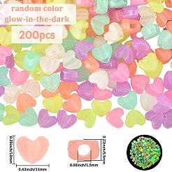 光るプラスチックビーズ2袋  暗闇で光る  ミックスカラー  ハート  10x11x5.5mm  穴：1.5mm  100個/袋&nbsp;KY-SP0001-65B