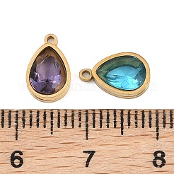 メッキ加工された304ステンレススチールとガラスのペンダント  ティアドロップチャーム  多面カット  18KGP本金メッキ  イオンプレーティング（ip）  長持ちメッキ  ミックスカラー  10x6x3mm  穴：1mm&nbsp;GL-CBA5A59-01G