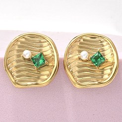 真鍮、ガラス、プラスチックのスタッドピアス  18KGP本金メッキ  フラットラウンド  19.5x19mm&nbsp;EJEW-D302-03G-04