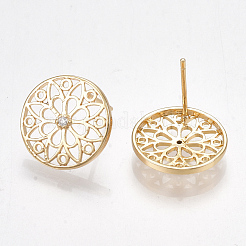 真鍮製キュービックジルコニアスタンドピアス  花付きフラットラウンド  ニッケルフリー  18KGP本金メッキ  14mm  ピン：0.7mm&nbsp;KK-S350-040G