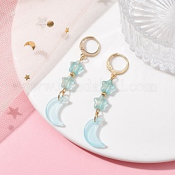 月と星のガラスダングルフレンチフックピアス、304ステンレススチールピン付き  空色  55x11mm&nbsp;EJEW-JE05605-02