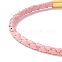 女性のための編みこみの革コードブレスレット  ゴールドカラー  ピンク  7-5/8インチ（19.3cm）&nbsp;BJEW-C009-01B