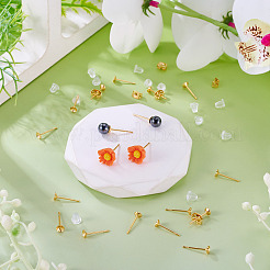 真鍮イヤリングセッティング50個  フラットラウンド  ニッケルフリー  プラスチックとシリコンのピアスキャッチ50個  50 個ラックメッキ真鍮フリクションイヤーナット  18KGP本金メッキ  トレイ：4mm  4mm  ピン：0.8mm&nbsp;KK-TA0008-38C