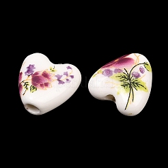 花柄プリントの磁器ビーズ  花柄のセラミックビーズ  ハート  赤ミディアム紫  15x15x7mm  穴：3mm&nbsp;PORC-Q152-11