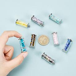 合金とガラスのウィッシュボトルペンダント8個、8スタイル  混合宝石チップ付き  プラチナ  コラム  35x13.5mm  穴：4mm  1個/スタイル&nbsp;G-PH0001-45