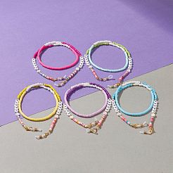 レインボー眼鏡チェーン  眼鏡用ネックストラップ  ポリマークレイ平石ビーズ  ガラスシードビーズ  アクリルビーズとラバーループエンド  単語の幸せ  ゴールドカラー  ミックスカラー  25.19インチ（64cm）&nbsp;AJEW-EH00315