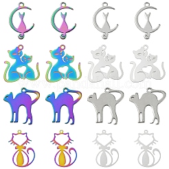 40個 4スタイル 201ステンレススチールペンダント  猫のチャーム  虹色  14.5~33x10~20x0.2~1mm  穴：1~1.6mm  10個/スタイル&nbsp;STAS-YW0002-62MC