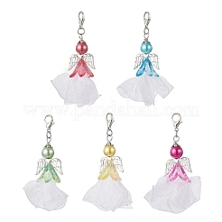 天使のアクリル、ガラス、ポリエステルのプリーツリボンペンダントデコレーション  亜鉛合金カニカン付き  ミックスカラー  66mm&nbsp;HJEW-JM03542