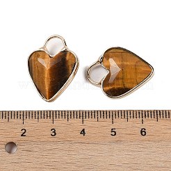 天然タイガーアイファセットペンダント  金メッキ真鍮ハートチャーム  23x18x7~7.5mm  穴：6x6.5mm&nbsp;KK-L218-005G-01