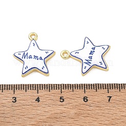 プリントブラスペンダント  ママという言葉が書かれた星のチャーム  ラックめっき  長持ちメッキ  鉛フリー＆カドミウムフリー  ブルー  ゴールドカラー  21.5x18.5x3.5mm  穴：1.7mm&nbsp;KK-CBA42CA-08G-06