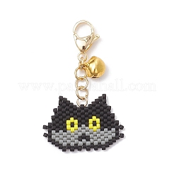 手作りガラスシードビーズ猫の頭の形ペンダント装飾  合金製のロブスタークロウ留め金とベルチャーム付き  ブラック  46.5mm&nbsp;HJEW-MZ00366-01