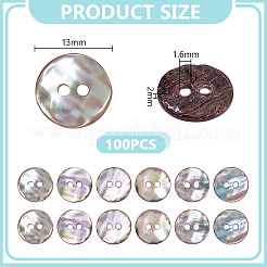 天然パウア貝ボタン100個  2穴  フラットラウンド  ココナッツブラウン  13x2mm  穴：1.6mm&nbsp;BUTT-GA0001-33