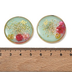 真鍮メッキ、透明エポキシ樹脂、ドライフラワーのペンダント  花と蝶の模様が入ったフラットラウンドいチャーム  グリッターパウダー付き  淡緑色  30x5mm  穴：1mm&nbsp;RE-CBAA153-03