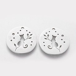 変色しない304ステンレススチールの子猫ペンダント  猫と枝のあるフラットラウンド  ステンレス鋼色  20x1mm  穴：1.5mm&nbsp;A-STAS-S105-T469