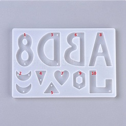 文字 abdl & ハート & 月 & 三角形 & 六角形 & 数字 8 形状 DIY シリコンペンダント & リンクモールド  レジン型  UVレジン用  エポキシ樹脂ジュエリー作り  ホワイト  91x135x7mm&nbsp;DIY-WH0161-86
