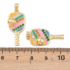 真鍮製マイクロパヴェキュービックジルコニアペンダント  エナメル  ラケット  18KGP本金メッキ  ショッキングピンク  26.5x12x7mm  穴：4.5x3mm&nbsp;KK-C248-04G-01