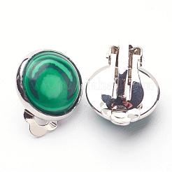 人工マラカイトブラスクリップインイヤリング  フラットラウンド  ティール  14x10mm&nbsp;EJEW-A051-B005