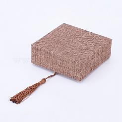 木製のブレスレットボックス  リネンとナイロンコードのタッセル付き  長方形  スレートグレイ  10x10x3.7cm&nbsp;OBOX-K001-01C