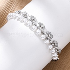 チェリー真鍮マイクロパヴェクリアキュービックジルコニアリンクブレスレット（女性用）  プラスチックパール付き  カドミウムフリー＆鉛フリー  長持ちメッキ  ラックめっき  プラチナ  185mm&nbsp;BJEW-G740-02P
