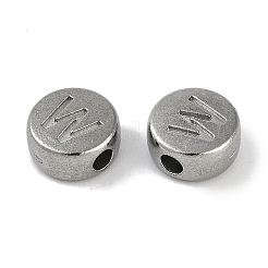 変色防止304ステンレススチールビーズ  アルファベット付きフラットラウンド  ステンレス鋼色  文字W  7x3.8mm  穴：1.8mm&nbsp;STAS-L082-019W-P