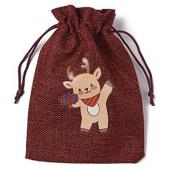 クリスマステーマのジュート布収納バッグ  長方形巾着袋  ファイヤーブリック  鹿  18x13x0.4cm&nbsp;ABAG-F010-01B-01