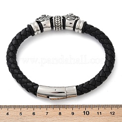 編み込みマイクロファイバーレザーコードブレスレット  304ステンレススチール製ライオンブレスレット（女性・男性用）  バヨネット留め金付き  アンティークシルバー＆ステンレス鋼の色  9-1/8x1/4インチ（23x0.8~1.25cm）&nbsp;BJEW-D304-10AS