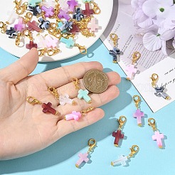 アクリルとチベット風合金を使用した6色のペンダント装飾品60個  クロス  亜鉛合金カニカン付き  ゴールドカラー  ミックスカラー  35mm  10個/カラー&nbsp;HJEW-YW00572