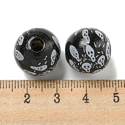 プリントウッドヨーロピアンビーズ  ハロウィンテーマビーズ  ラウンド  ブラック  15.5~16mm  穴：4~4.5mm&nbsp;WOOD-G022-08A-05
